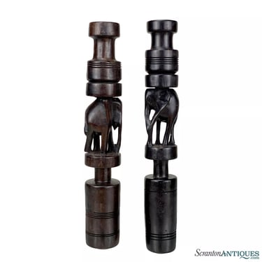 Vintage African Ironwood Tribal Carved Elephant Candlestick Holders - A Pair