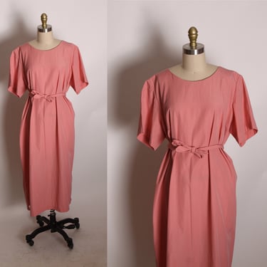 1960s 1970s Dusty Rose Pink Short Sleeve Belted Shift Dress -2XL 