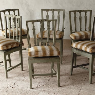 Set of Six Late 19th C. Green Swedish Spindle Back Chairs with Loro Piana Ochre Striped Cushions