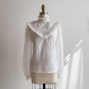 cute cottagecore shirt 70s vintage sheer white ruffled high collar antique style blouse 