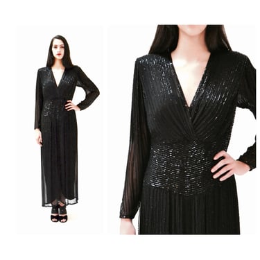 Vintage Black Beaded Evening Gown Size Medium Large Long Sleeve// 80s 90s Glam Black Beaded Gown Dress Deep V Formal Pageant Trophy Wife 