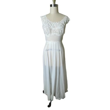 Vintage Vanity Fair White Long Nightgown Maxi Peignoir Chiffon Lace Nylon Sz 34 