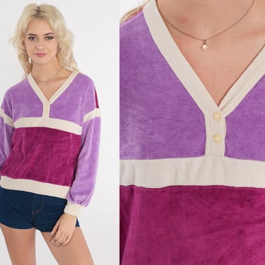 80s Velour Sweatshirt -- Purple Color Block Sweater Magenta Slouchy V Neck Pullover Shirt 1980s Sweatshirt Henley Button Up Small 