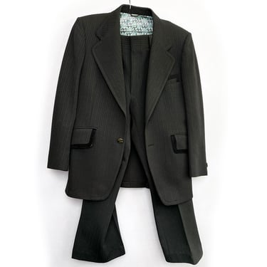 1960's Men's Black MOD Suit Vintage Textured Polyester  Velvet Trim Jacket & Pants Green Sport Coat 1970's Matching 