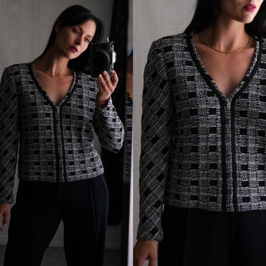 Vintage 90s St. John Collection Black & White Checkered Boucle Santana Knit Cropped Zip Cardigan | Made in USA | 1990s Y2K Designer Jacket 