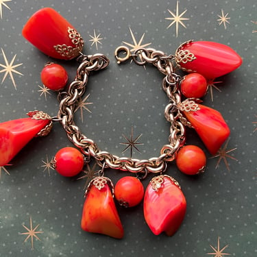 chunky lucite charm bracelet vintage orange marbled beads 