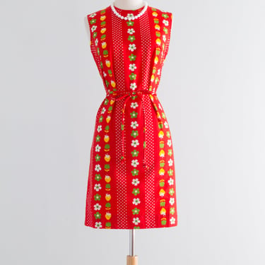 ADORABLE 1960's NOS Red Cotton MOD Shift Dress With Belt / SM