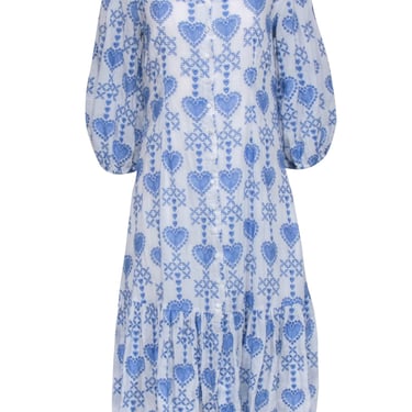 Johnny Was - White &amp; Blue Embroidered Maxi Shirt Dress Sz S