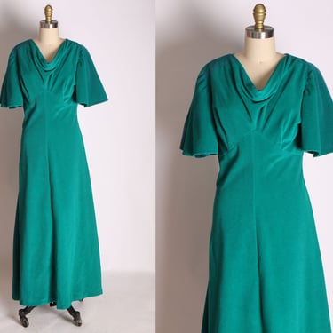 Late 1960s Early 1970s Full Butterfly Sleeve Draped Collar Teal Green Blue Full Lengh Dress -M 