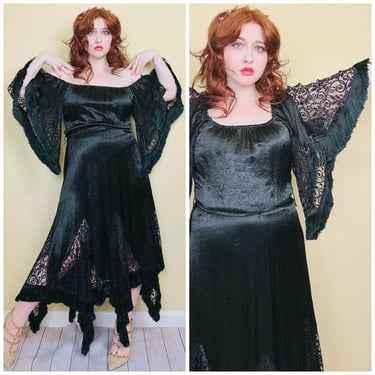 1970s Vintage J. Harris Deadstock Lace and Fringe Dress / 70s Black Silky Sateen Witchy Stevie Nicks Maxi / Size Medium 