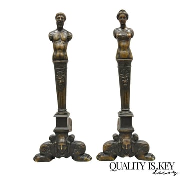 Antique French Renaissance Revival Large Figural Man and Woman Andirons - a Pair