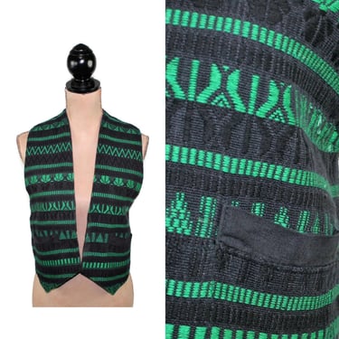 40" Chest | Open Front Unisex Ethnic Vest, Woven Black & Green Striped Geometric, Aztec Mexican Peruvian Guatemalan, Hippie Clothes Vintage 