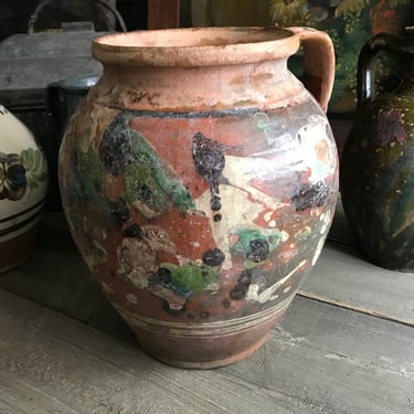 19th C French Jaspe Pottery Jug, Marbled Paint, Terra Cotta Pot, Redware, Pitcher, Vase, Rustic Farmhouse, Farm Table 