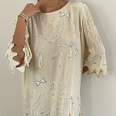 90s beaded silk dress / vintage creamy white sheer silk hand beaded embellished tunic dress | L 