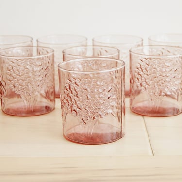 Set of 8 Vintage Clear Pink Flower Pattern Glass Tumblers 
