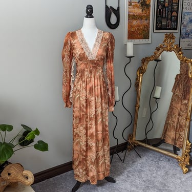 Vintage Algo Ette Paisley Orange Dress with Puff Sleeves 