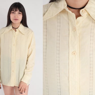 Yellow Blouse 70s Lace Button Up Shirt Dagger Collar Disco Shirt Long Sleeve Top Retro Pastel Collared Seventies Simple Vintage 1970s Medium 