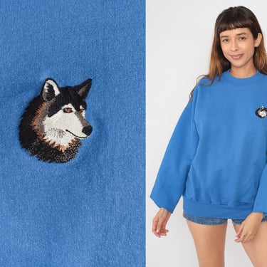 90s Wolf Sweatshirt Blue Cutoff Embroidered Animal Print Shirt Jumper Graphic Wildlife Sweater Slouch Shirt 1990s Vintage Crewneck 2xl xxl 