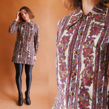Vintage 70s Paisley Micro Mini Dress/ 1970s Dagger Collar Long Sleeve Shirt Dress/ Size Small 