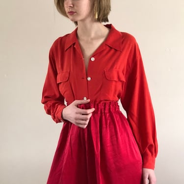 90s silk blouse / vintage cherry red silk pocket shirt blouse | M 