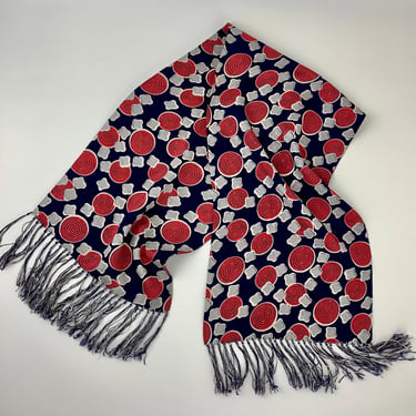 1940'S Art Deco Scarf  - Cool Jacquard Swirl Print - Navy, Red & Gray - Knotted Fringe Details 