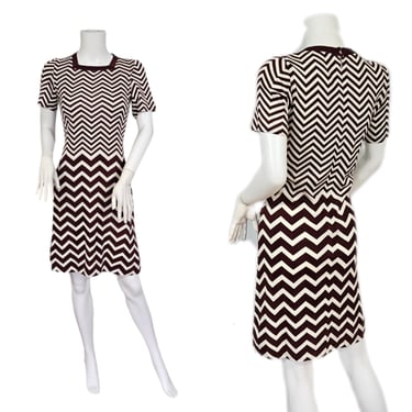 1960's Burgundy White Chevron Stripe Poly Knit Dress I Sz Med I Chat Char Mant 