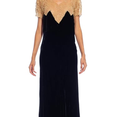 1930S Black Bias Cut Silk Velvet & Lace Evening Dress 
