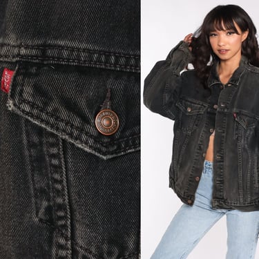 Black LEVIS Jacket -- Distressed Black Denim Jacket 80s Levi Jean Trucker Jacket Biker Ripped Frayed 90s Vintage Button Up Coat Large L 