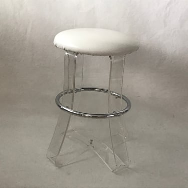 Karmel Plastics Lucite Acrylic Chrome Faux White Leather Padded high Vanity Stool Vintage Mid Century 