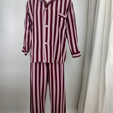 1940'S Pajama Lounge Set - TEXTRON - Cold Rayon - Maroon, Pink & Cream Striped Fabric - Old Hollywood Style - Mens Size Large 