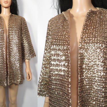 Vintage 60s Gold Sequin Jacket With Satin Lining Union Made Size M 