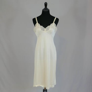 70s Pale Beige Dress Slip - Lace Trim - French Maid Nylon Full Slip - Vintage 1970s - Size 36 