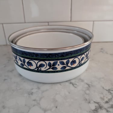 Vintage Metal Nesting Bowls 3 Piece Set Blue Floral Pattern 