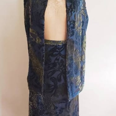 1990s Burnout Velvet Blue Shawl + Skirt Set /90s Elastic Ankle Length Skirt Matching Scarf Wrap Plus Size 1X Linea 