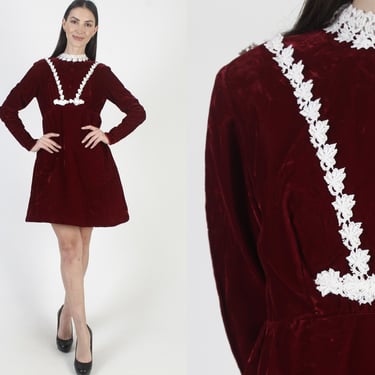 Holiday Party Velvet Dress, Christmas Party Mini, Vintage Tuxedo Lace, Womens 60 Mod Frock 