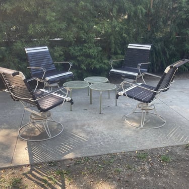 Homecrest Swivel Springer Chairs | set of four vinyl strapped patio fire pit chairs | vintage outdoor seating | 1960s furniture 