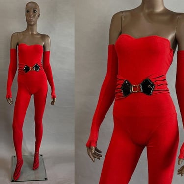 1980s Betsey Johnson Catsuit / Worn at Studio 54 / Red Strapless Catsuit with Belt & Accessories / SIze Medium Size Small 