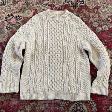 Vintage hand knit off white wool Aran sweater,  Irish fisherman’s sweater | cream cableknit pullover, L 
