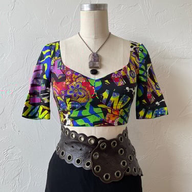 Vintage Moschino Silk &quot;HAPPY&quot; Graphic Print Crop Top S