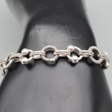 90's textured sterling beaded circles & ovals links bracelet, edgy 925 silver geometric rocker chain 