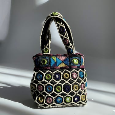 1990'S Petite Beaded Handle Bag - Seed Beadwork with Colorful Embroidery Wrapped Mirrors - Satin Lined with Tiny Side Pocket 