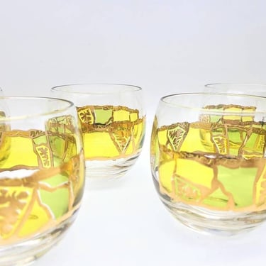 Georges Briard Europa Roly Poly Cocktail Glasses (7), Green Gold Vintage Barware Glasses 