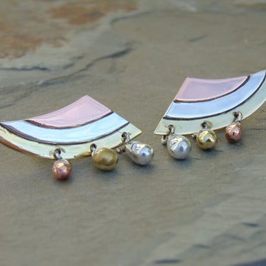 Victoria ~ Vintage Taxco Sterling, Copper and Brass Screw Back Earrings with Dangles 