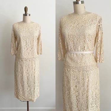 Vintage 1950s Lace Dress 50s Two Piece Cream Blouse and Skirt 