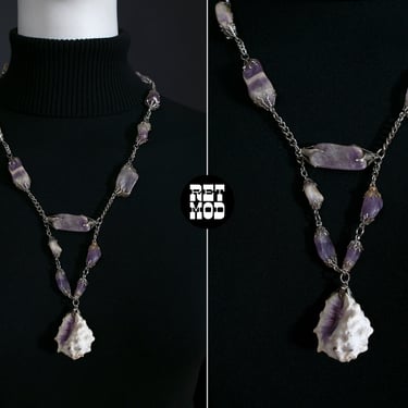 Super Unique Vintage 70s Seashell Pendant Necklace & Earrings with Amethyst Stones SET 