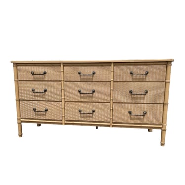 Faux Bamboo & Wicker Dresser with 9 Drawers - Vintage Tan Henry Link Style Hollywood Regency Palm Beach Coastal Bedroom Furniture 