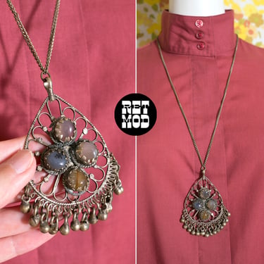 Absolutely Lovely Vintage Boho Silver Filigree Pendant Necklace with Moonstone Cabochons 