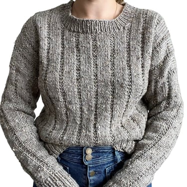 Hand Knit Womens Light Gray Tweed Ribbed Fisherman Chunky Crewneck Sweater Sz M 