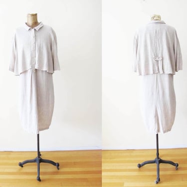 90s Beige Linen Dress M L - Vintage 1990s Minimalist Womens Neutral Sundress - Slouchy Baggy Natural Fiber Clothing 