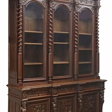 Antique Bookcase, Library, Monumental, French Carved Oak, Twists, Columns, 1800s